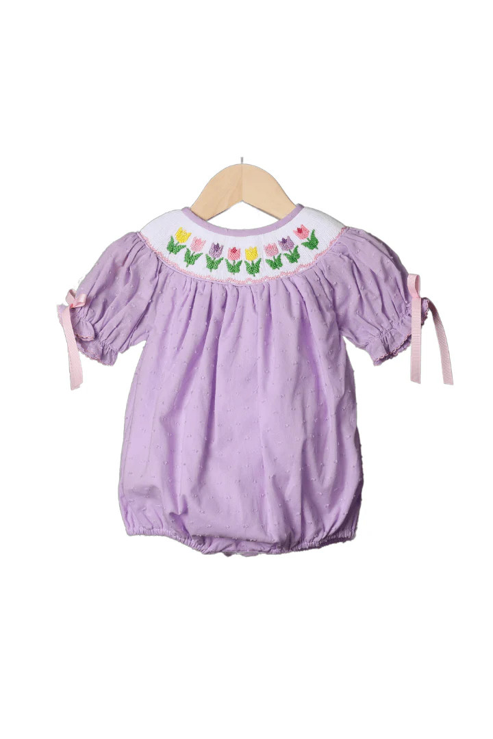 Smocked Tulips Lavender Swiss Dot Bubble | The Smocked Flamingo
