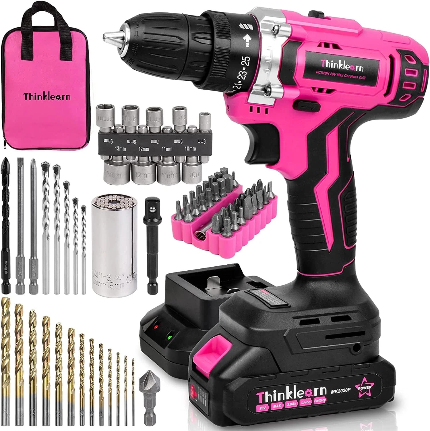 ThinkLearn Pink Cordless Drill Set, 20V Lithium-ion Power Drill Set for Women with 67Pcs Drill Dr... | Walmart (US)
