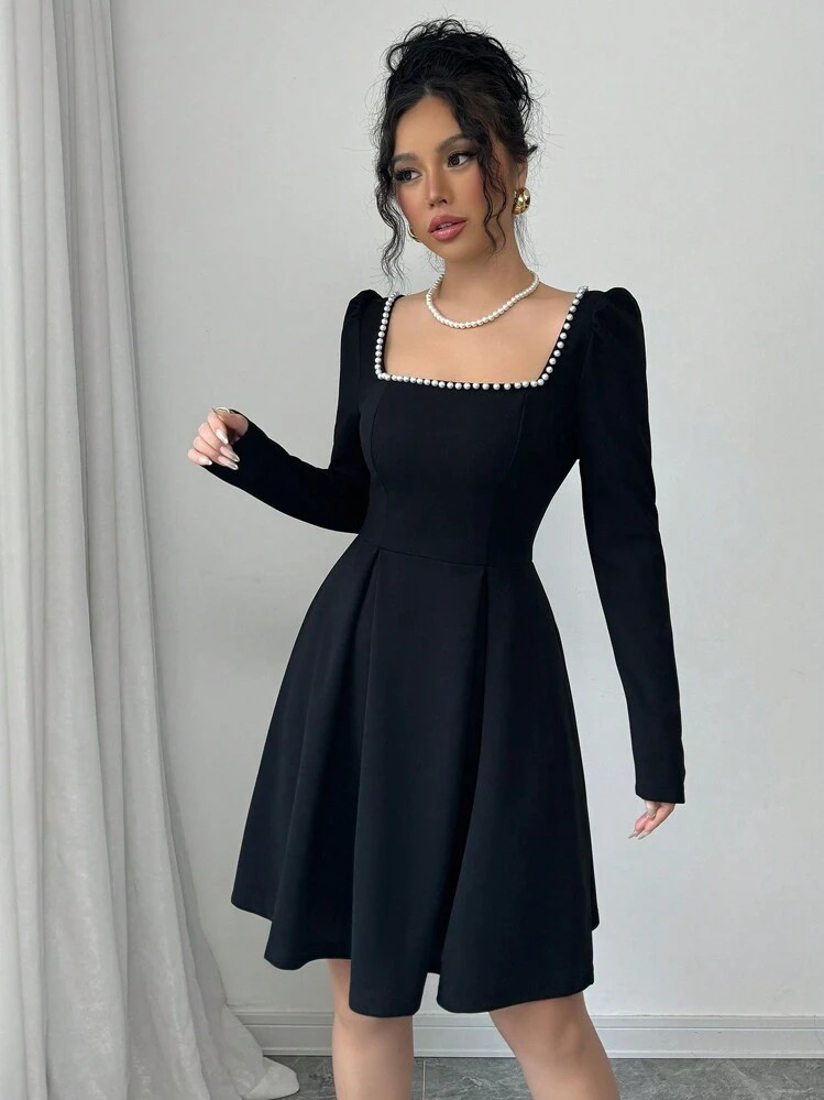 Selianne Women Black Square Neck Bubble Bead Pearl Waisted A-Line Elegant Romantic Dress Fall Cloth For Women | SHEIN