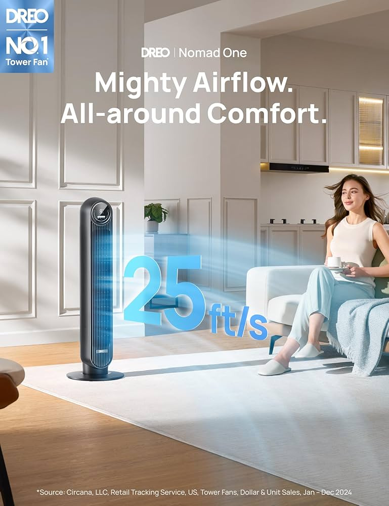 Dreo Tower Fan for Bedroom, 25ft/s Velocity Quiet Floor Fan, 90° Oscillating Fans for Indoors wi... | Amazon (US)