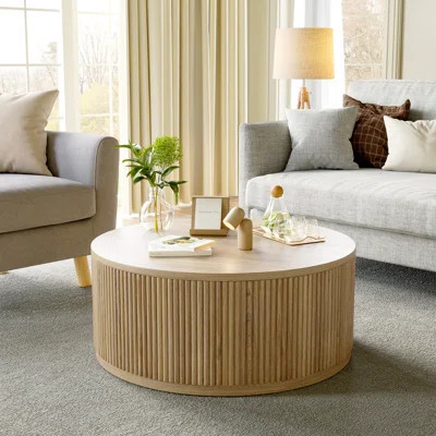 36" Round Fluted Coffee Table Solid Wood Drum Table with Fluted Design | Wayfair North America