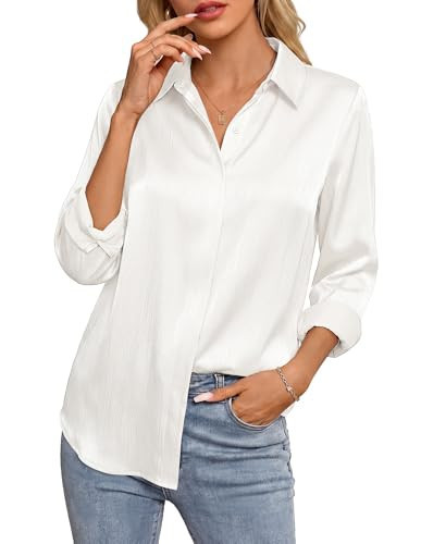 GRACE KARIN 2026 Womens Silky Satin Button Down Shirts Long Sleeve Work Blouses Dressy Casual Tops White L | Amazon (US)
