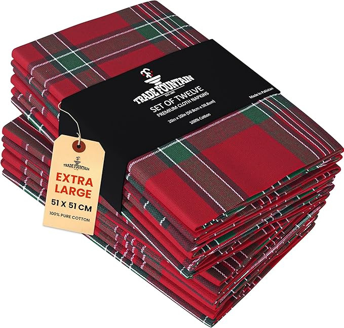 Trade Fountain Plaid Cotton Cloth Napkins [12 Pack] – Extra Large 51 x 51 cm Reusable & Washabl... | Amazon (UK)