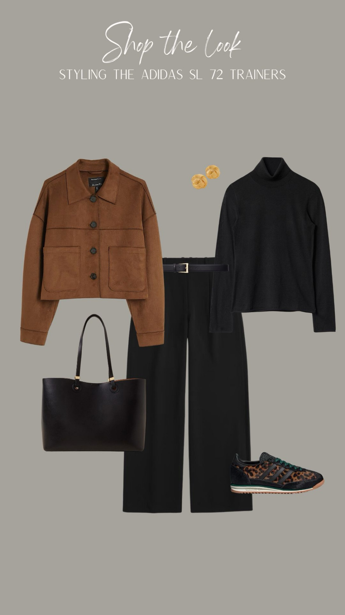 Styling the Adidas leopard print SL 72 trainers - smart casual look

All black outfit, workwear, black trousers, tan suede jacket, black polo neck, office outfit 

#LTKeurope #LTKuk #LTKstyletip