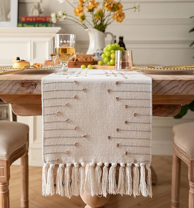 Boho Table Runner 13 x 90 Inch Long Natural Cotton Woven Runner with Tassels for Home Dining Tabl... | Amazon (US)
