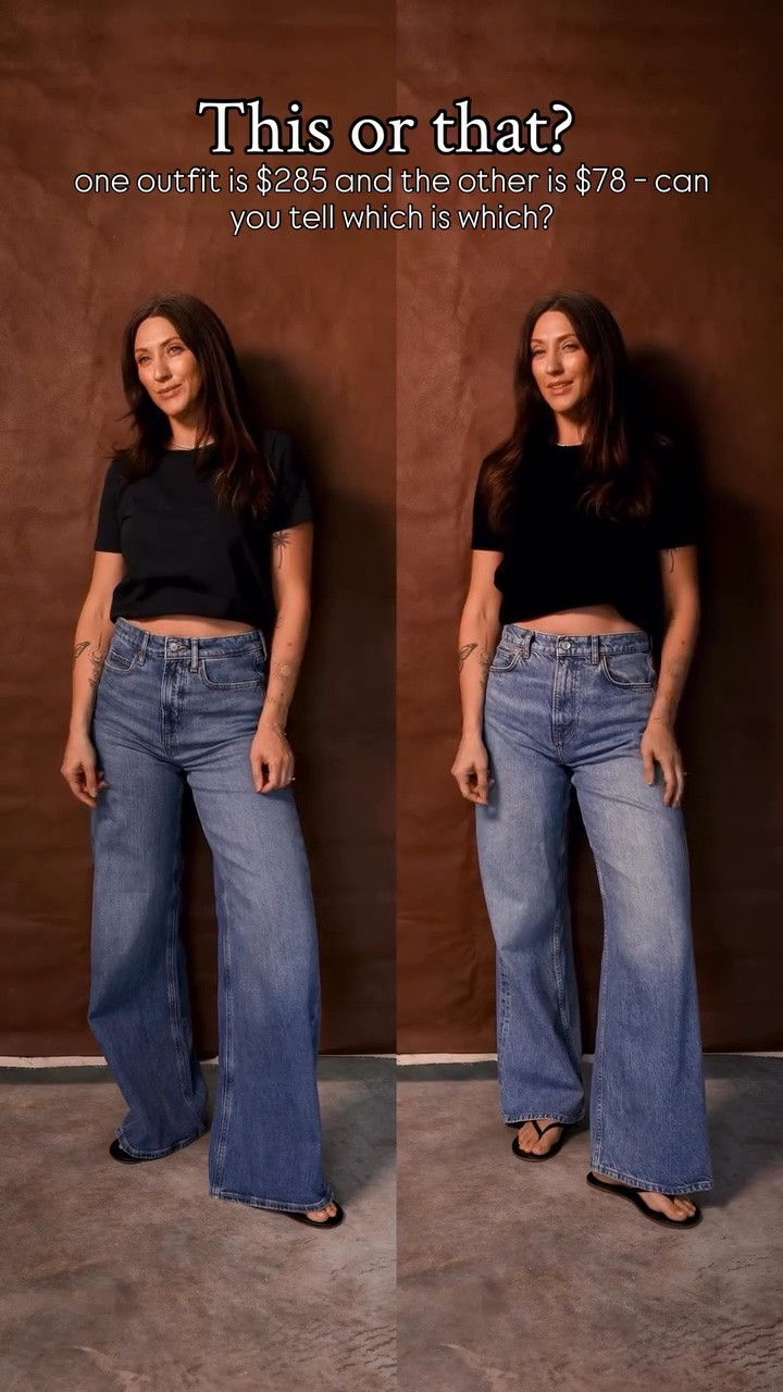 Left it Old Navy and amazon, right it Reformation, Sezane, and Tkee.

Wearing my true size jeans in reformation, with a small Sezane tee. 

Old Navy jeans are a size 4 tall and a small tee

#LTKootd #LTKSaleAlert