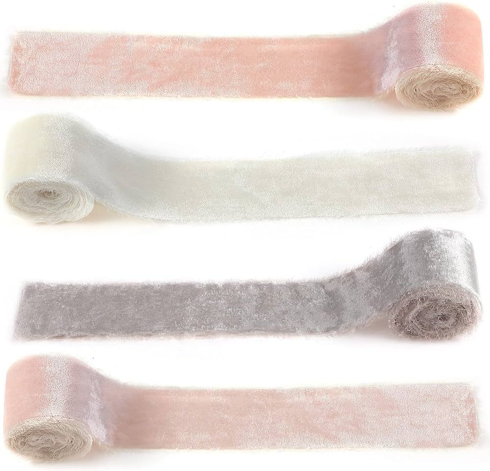 4 Rolls Velvet Ribbon for Gift Wrapping 2 in x 8 yd Handmade Fringe Frayed Fabric Ribbon Raw Edge... | Amazon (US)