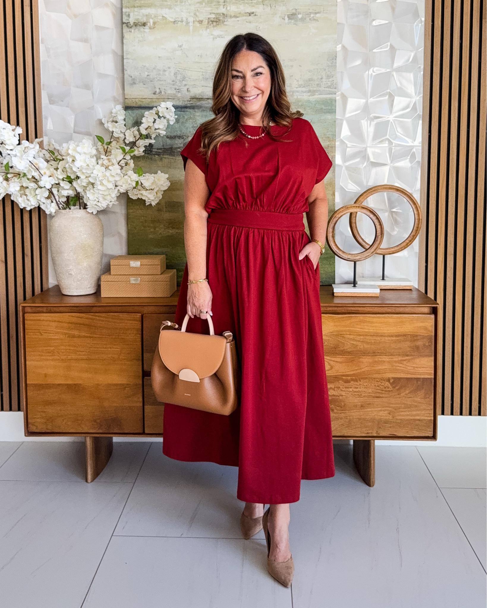 ❤️ The color alone sold me. Dolman sleeves, a wide banded waist, and a full skirt that swishes when you walk — with pockets. Suede pumps and a cognac bag make it dressy enough for work or back to school events 

Dress size large  • Shoes tts 
@loft

#LTKmomlife #LTKMidsize #LTKOver40