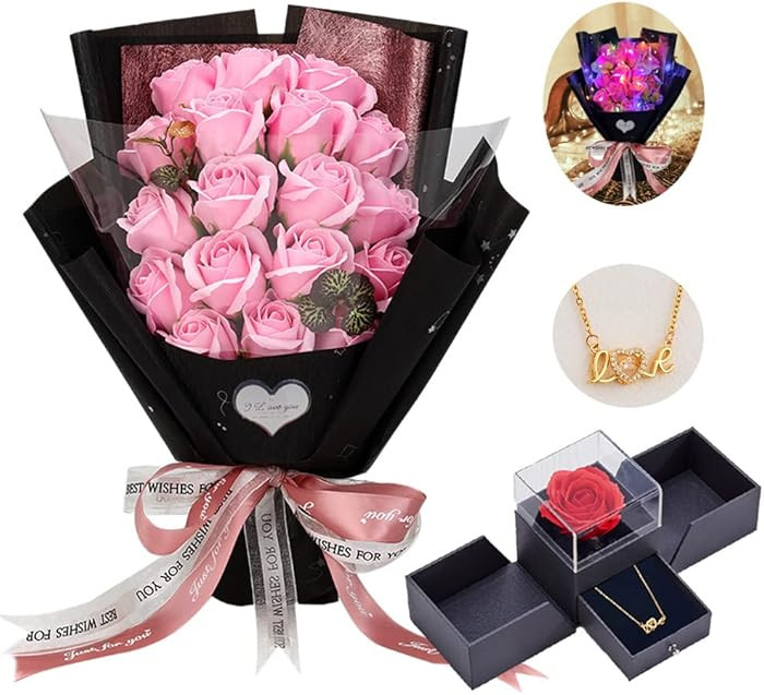 EIGHTOWN Roses Bouquet Artificial Flower - Preserved Pink Rose Flowers with Love Necklace for Her... | Amazon (US)