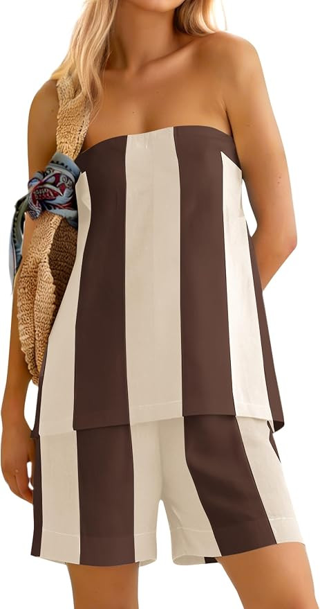 Women’s Stripes 2 Piece Set Linen Matching Set Sleeveless Strapless Tube Top Loungewear Shorts ... | Amazon (US)