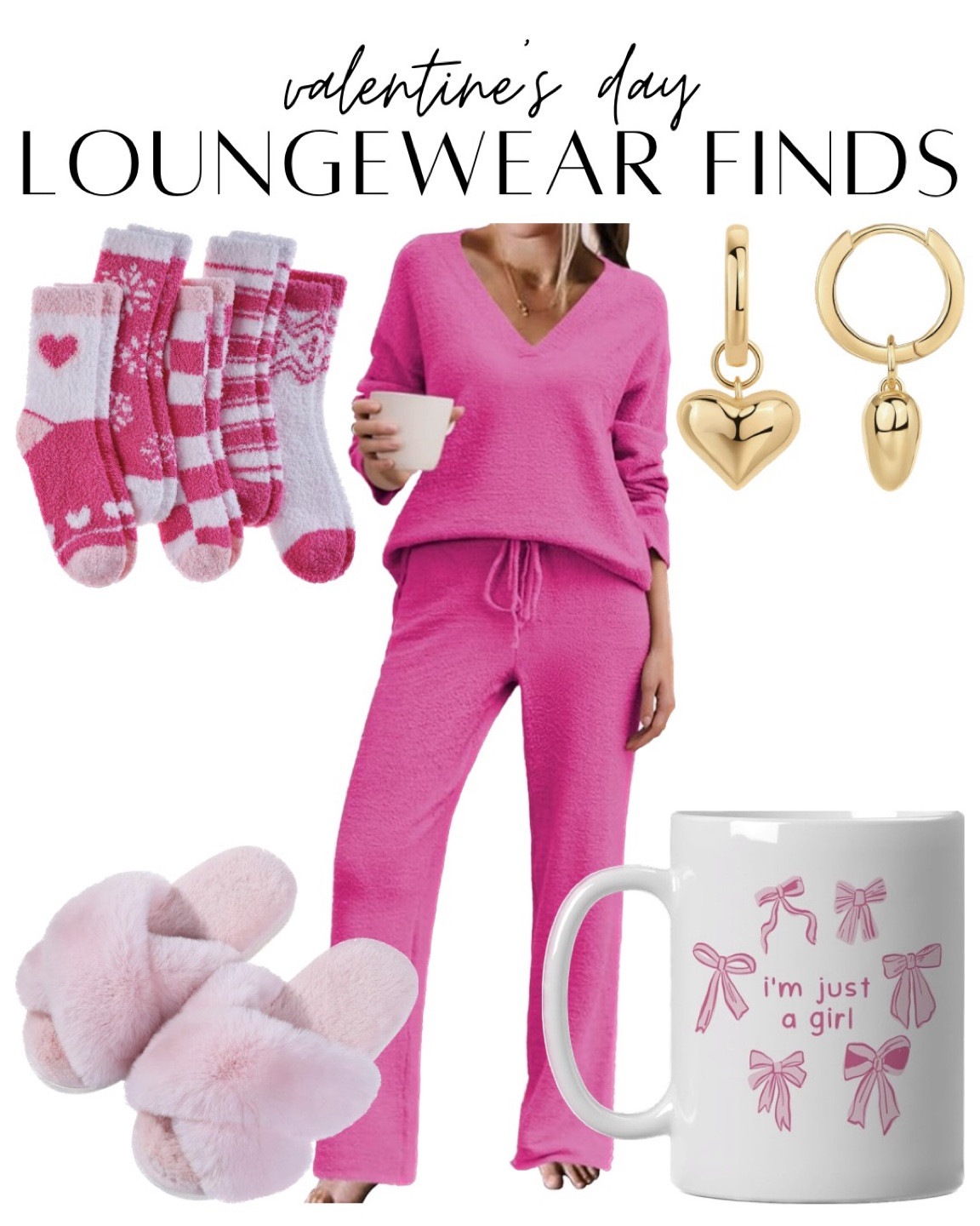valentine’s day loungewear finds 💞 pink sweat set, pink loungewear, pink headband, grwm headband, pink socks, heart socks, pink mug, girly mug, girly cup, pink slippers, heart earrings, heart jewelry, valentine’s day jewelry 

#LTKStyleTip #LTKBeauty #LTKHome