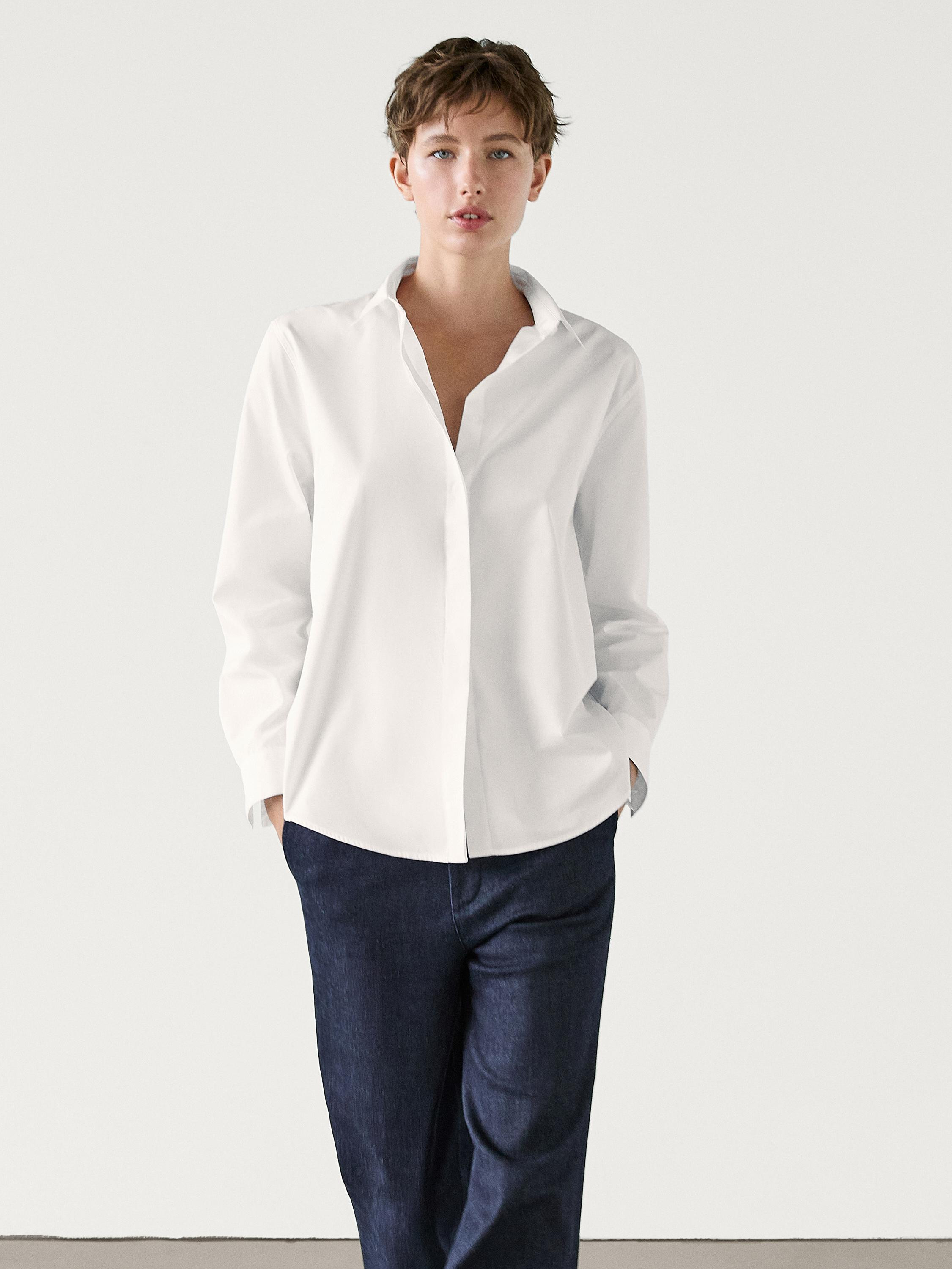 Cotton poplin shirt with hidden buttons | Massimo Dutti US