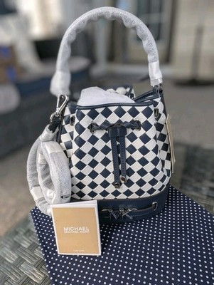 NWT MICHAEL KORS REED MEDIUM BELTED TH BUCKET SHOULDER MESSENGER BAG WOVEN NAVY | eBay US