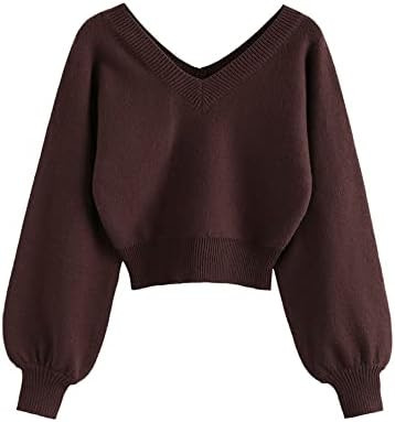 ZAFUL Women's Cropped Sweater V-Neck Long Sleeve Crop Sweater Pullover Jumper Knit Top | Amazon (US)