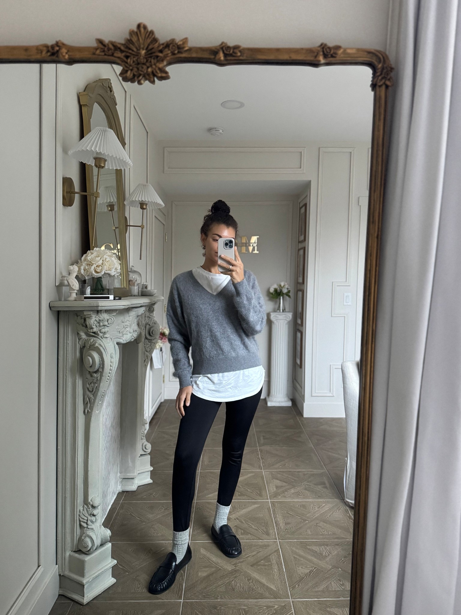 Elevate your leggings outfit with a long white tee, v neck sweater, cable knit or cashmere socks, and loafers 

#LTKootd