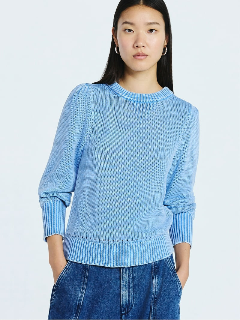 Scoop Women’s Acid Wash Cotton Sweater with Long Puff Sleeves, Midweight, Sizes XS-XXL | Walmart (US)