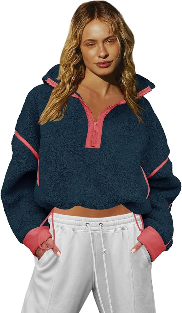 LAMISSCHE Half Zip Sweatshirt Women Oversized Sherpa Jacket V Neck Fleece Pullover Hoodie with Po... | Amazon (US)