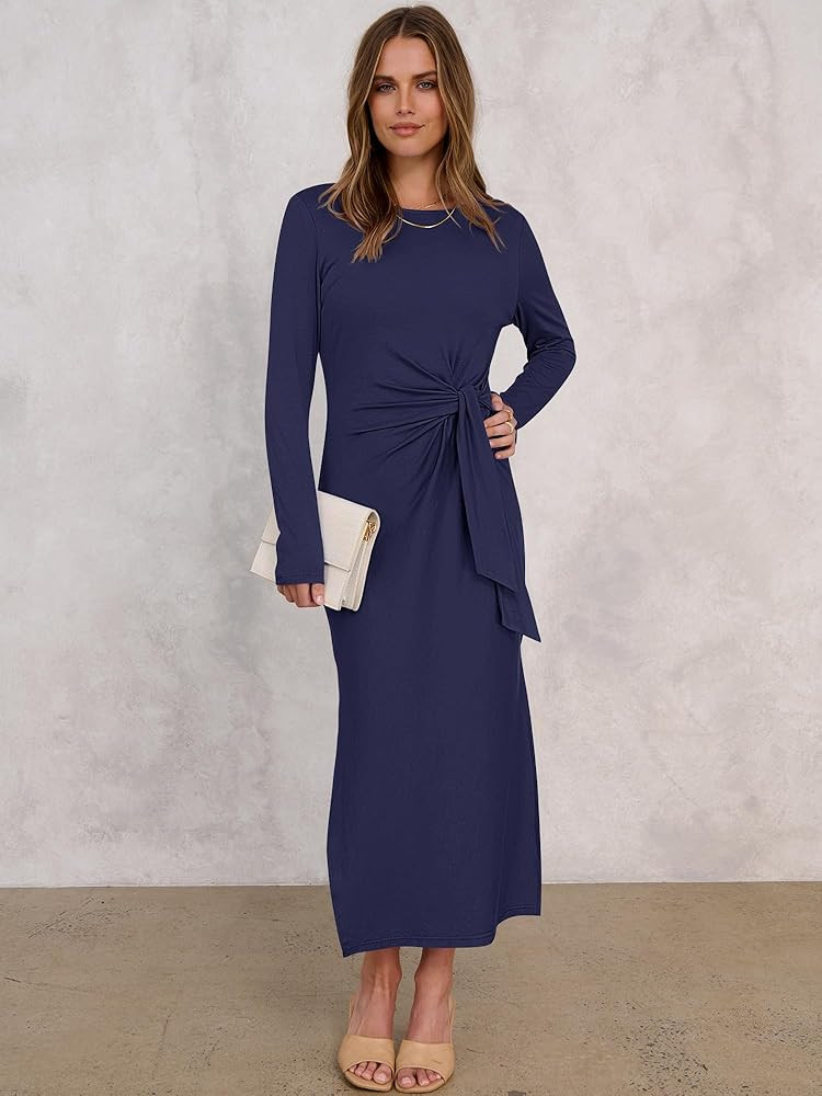 ANRABESS Womens 2025 Fall Long Sleeve Maxi Dress Crewneck Tie Waist Slit Casual Work Long T Shirt... | Amazon (US)