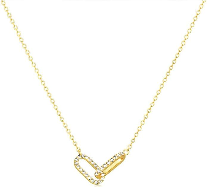 Paperclip Chain Necklaces for Women Girls 14K Gold Plated Cubic Zirconia Elegant Simple Adjustabl... | Amazon (US)