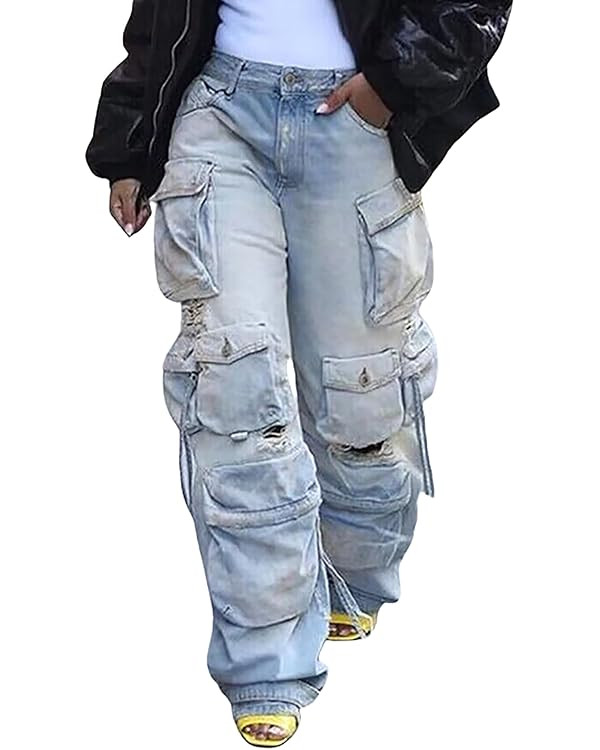 LKOUS Women's Y2K Baggy Straight Wide Leg Cargo Jeans, Streetwear High Waisted Denim Pant | Amazon (US)