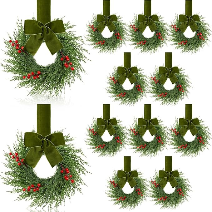 12 Pcs 9'' Small Christmas Kitchen Cabinet Wreaths with Plaid Bow Ribbon Mini Hanging Christmas W... | Amazon (US)