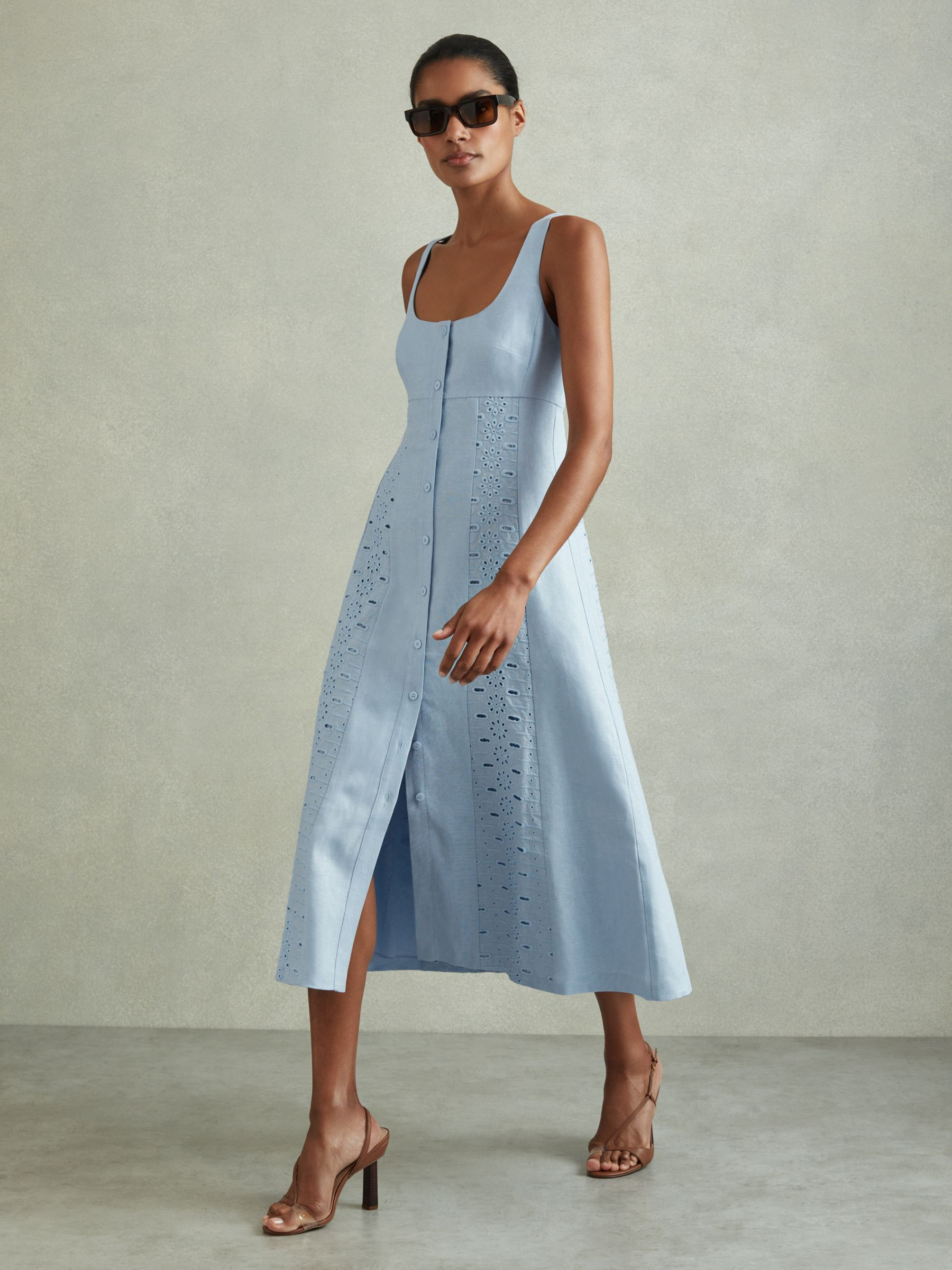 Linen Broderie Midi Dress in Blue | Reiss UK