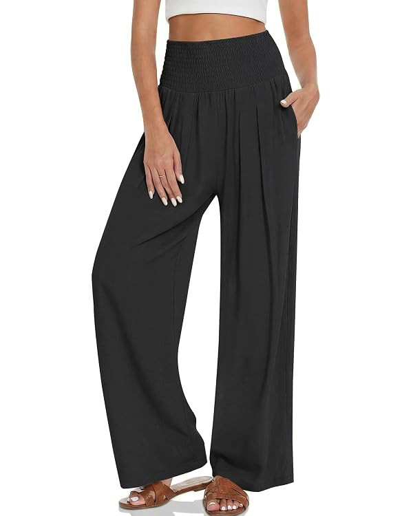 Women Wide Leg Casual Pants High Waist Palazzo Pants Summer Lounge Trousers with Pockets | Amazon (US)