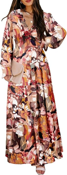 BLENCOT Womens Casual Boho Floral Deep V Neck Long Sleeve Maxi Dress | Amazon (US)