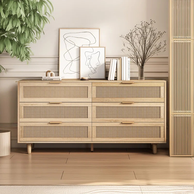 Abagayle 59'' Wide 6 - Drawer Dresser Rattan Bedroom Dresser Wood Dresser | Wayfair North America