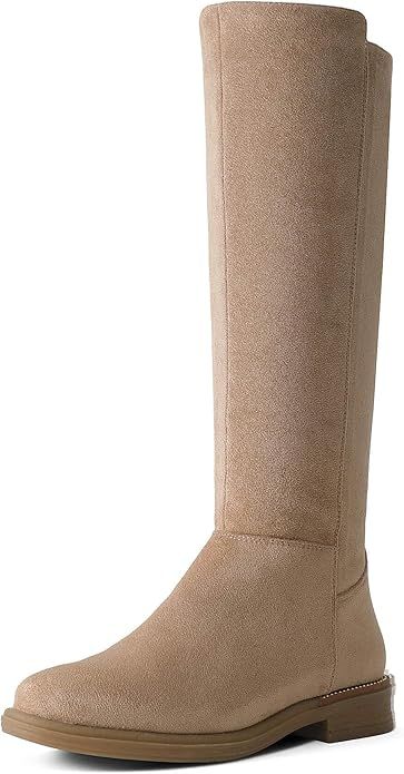 Shoe'N Tale Women's Knee High Boots Flat Low Heel Stretchy Round Toe with Side Zipper | Amazon (US)