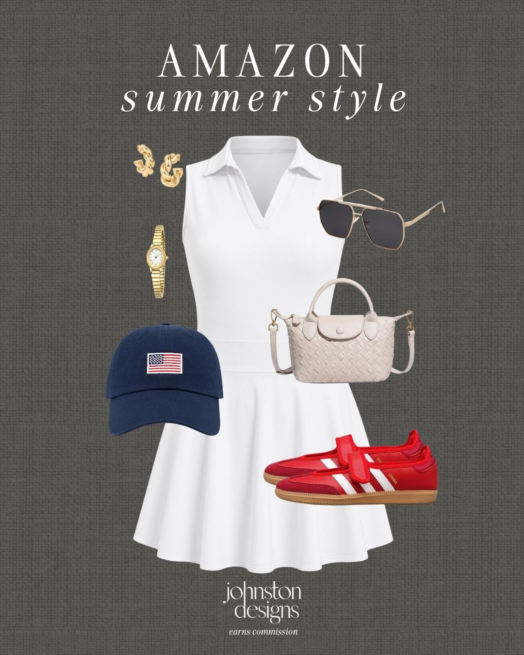 Amazon summer style with a white tennis dress, red sneakers and classic sporty accessories. 🇺🇸

Amazon summer outfit, white tennis dress, red sneakers, navy baseball cap, woven crossbody bag, aviator sunglasses, gold watch, gold hoop earrings, sporty summer style, Fourth of July outfit, red white blue style, casual warm weather look, affordable Amazon fashion, tennis dress outfit, everyday summer style 

 #LTKootd #LTKSeasonal #LTKActive