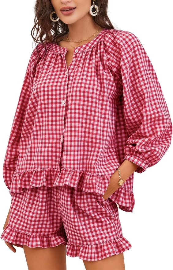 Flygo Women Gingham 2 Piece Pajama Sets Y2K Plaid Ruffle Short Sets Raglan Sleeve Shirt Lounge Sh... | Amazon (US)