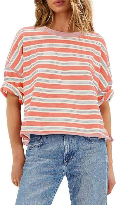 Panadila Womens Striped Shirt Short Sleeve Tops Summer Casual Oversized Tshirts Crew Neck Boxy Te... | Amazon (US)