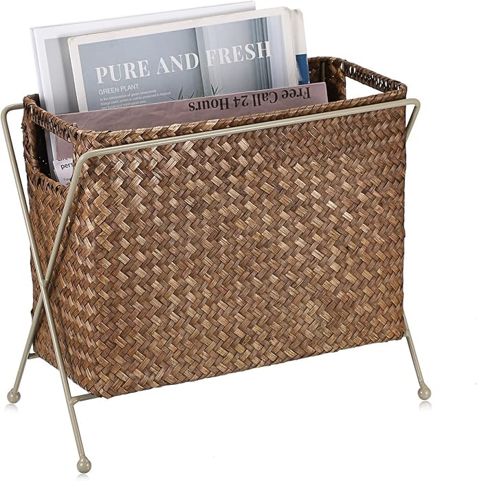 BTSKY Magazine Basket, Mail Basket for Counter, Woven Storage Bin with Metal Rack & Handle for Fi... | Amazon (US)