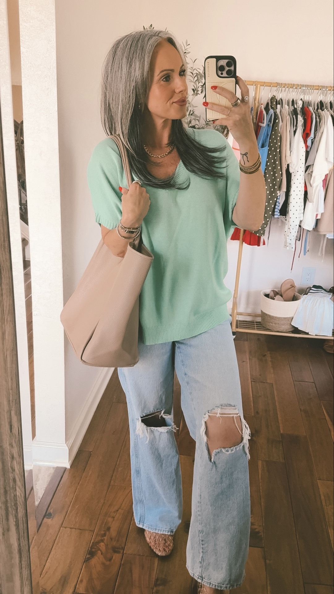 Size small in the sweater, it is truly oversized.
26 in the jeans, I did size down one, it’s your personal preference for how you want them to fit. #purse #handbag #widelegdenim #summerstyle #springstyle #momstyle #comfybutcute #millennialmoms

#LTKootd #LTKOver40 #LTKmomlife