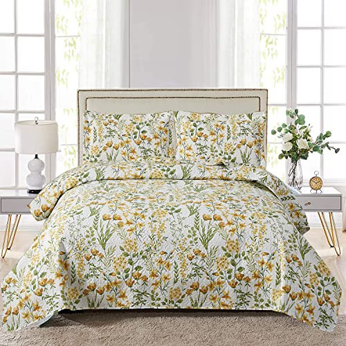 Ycosy Floral Quilt Sets Full/Queen Size Reversible Countryside Bedspread Coverlets Lightweight Yellow Flower Quilt Bedding Green Leaves Bed Covers Soft Home Collections,1 Quilt +2 Pillow Shams | Amazon (US)