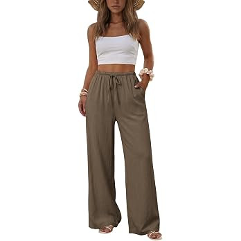 Duyang Womens Cotton Linen Palazzo Pants Drawstring Elastic Waist Casual Wide Leg Trousers with P... | Amazon (US)