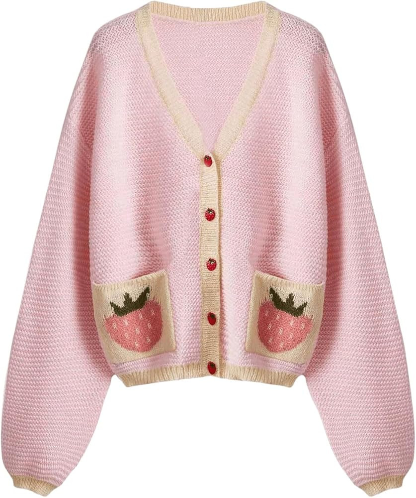 SHENHE Women's Strawberry Pattern Open Front Bishop Sleeve Casual Cardigan | Amazon (US)