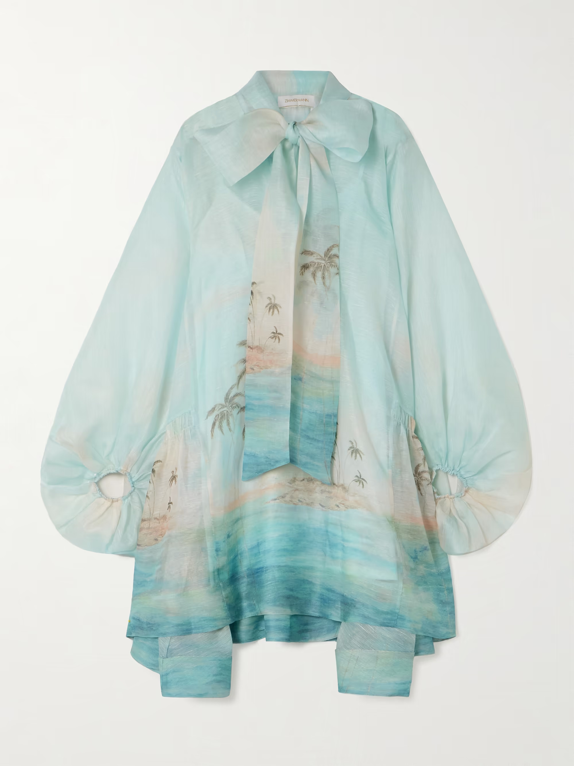 Illuminate Billow pussy-bow printed linen and silk-blend mini dress | NET-A-PORTER (UK & EU)