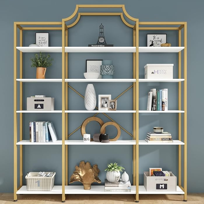 Auromie Triple Wide 5-Tier Bookshelf, 70.87" L x 79.13" H Extra Large Gold Bookcase, Tall Display... | Amazon (US)