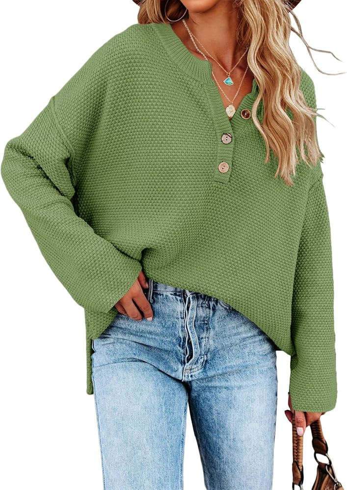 Saodimallsu Women's Oversized Sweaters Batwing Long Sleeve Loose V Neck Button Henley Tops Pullov... | Amazon (US)