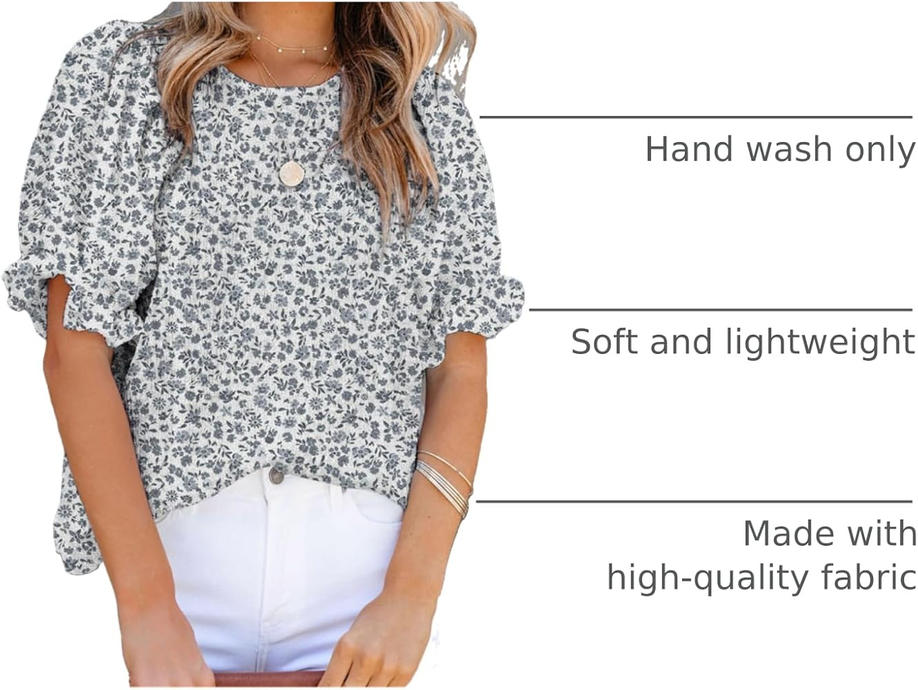 Dokotoo Floral Print Blouses for Women Crewneck Smocked Puff Sleeve Shirts Casual Babydoll Tops | Amazon (US)