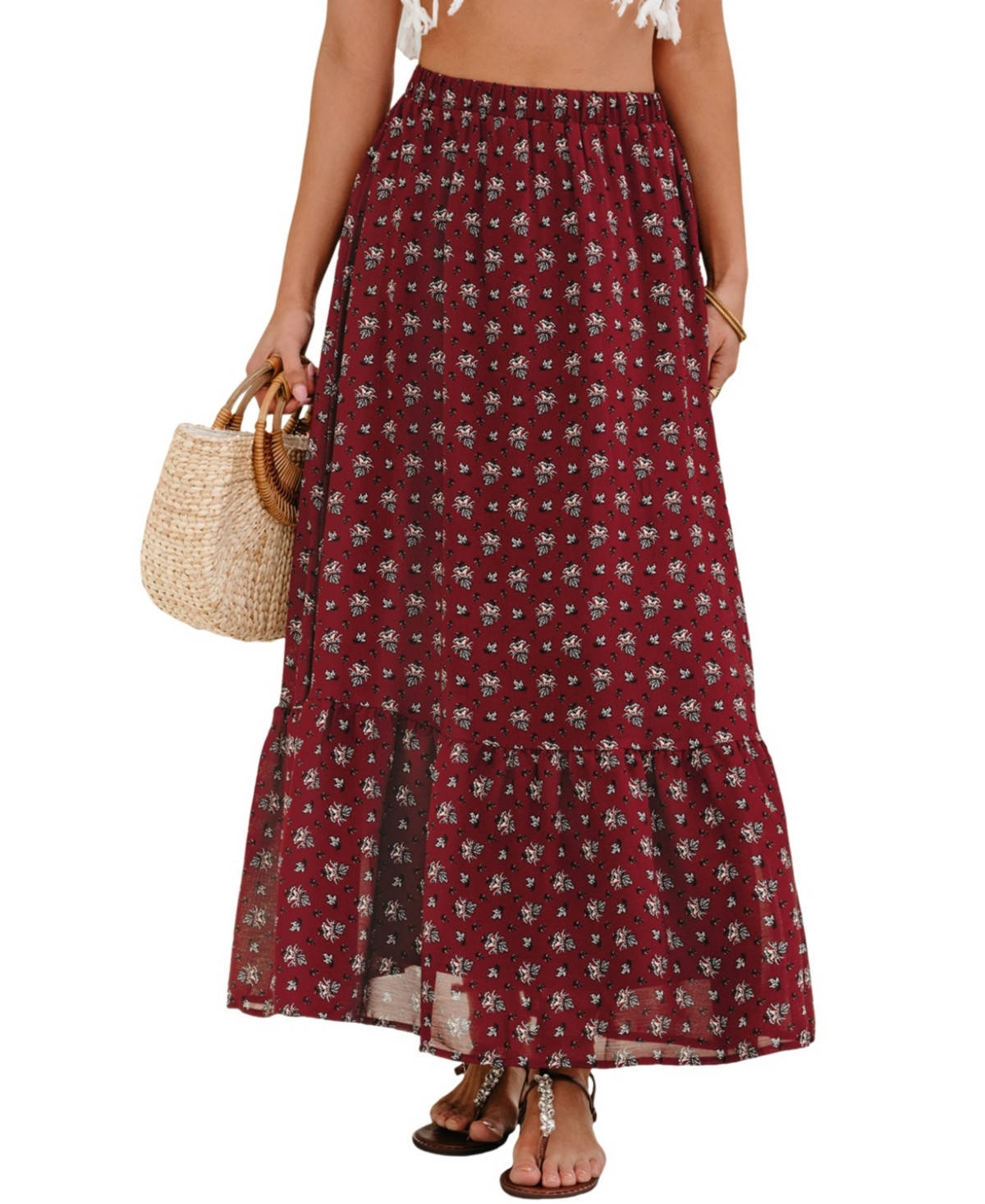 Women's Boho Florals Ruffled Hem Maxi Skirt - Dark red | Macy's