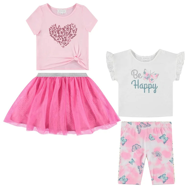 BTween Girls 4 Pack Floral Fashion Summer Clothes Set - Tutu Skirt Tank Top Short Sleeve and Bike... | Walmart (US)