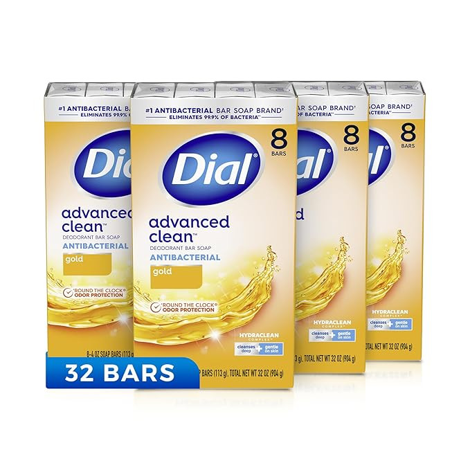 Dial Antibacterial Deodorant Bar Soap, Advanced Clean, Gold, 4 Oz, 32 Bars | Amazon (US)