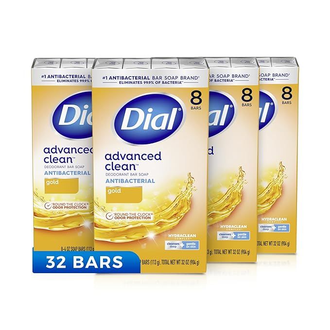 Dial Antibacterial Deodorant Bar Soap, Advanced Clean, Gold, 4 oz, 32 Bars | Amazon (US)