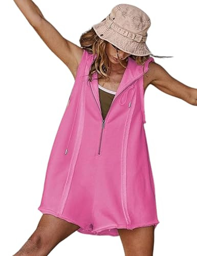 AICHARMWA Women's Zip Up Romper Sleeveless Athletic Hooded Summer Loose Shorts Jumpsuits with Pockets(035-Pink-M) | Amazon (US)