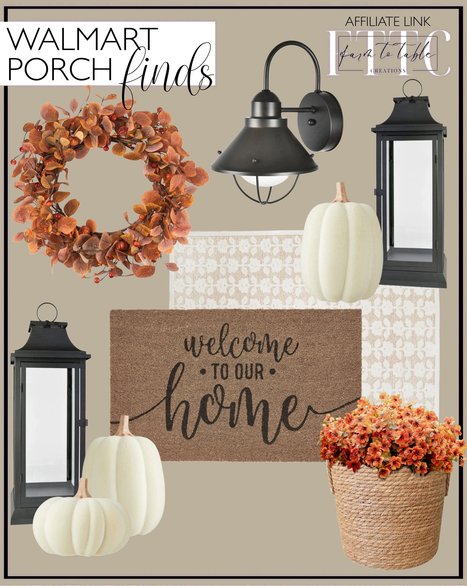 Walmart Porch Decor. Follow @farmtotablecreations on Instagram for more inspiration.

My Texas House Poppy Driftwood Floral Indoor/Outdoor Area Rug. My Texas House Welcome to our Home Coir Doormat. 18 inch Fall Wreaths for Front Door, Fall Decor Artificial Wreath. Woven Seagrass Plant Basket Wicker. Lyacmy 16 Bundles Artificial Fall Flowers for Outdoors Fake Plants. Serene Spaces Living Modern Black Metal Hurricane Lanterns. Better Homes & Gardens 12" Farmhouse Bronze Outdoor Wall Light. Harvest Cream Flocked Pumpkin.

Fall Decor. Walmart Finds. Porch Decor. Covered Porch Decor. Entryway. Halloween Decor. Walmart Home. Walmart Deals. Fall Porch Decor. Halloween Porch Decor  


#LTKSaleAlert #LTKFindsUnder50 #LTKHome