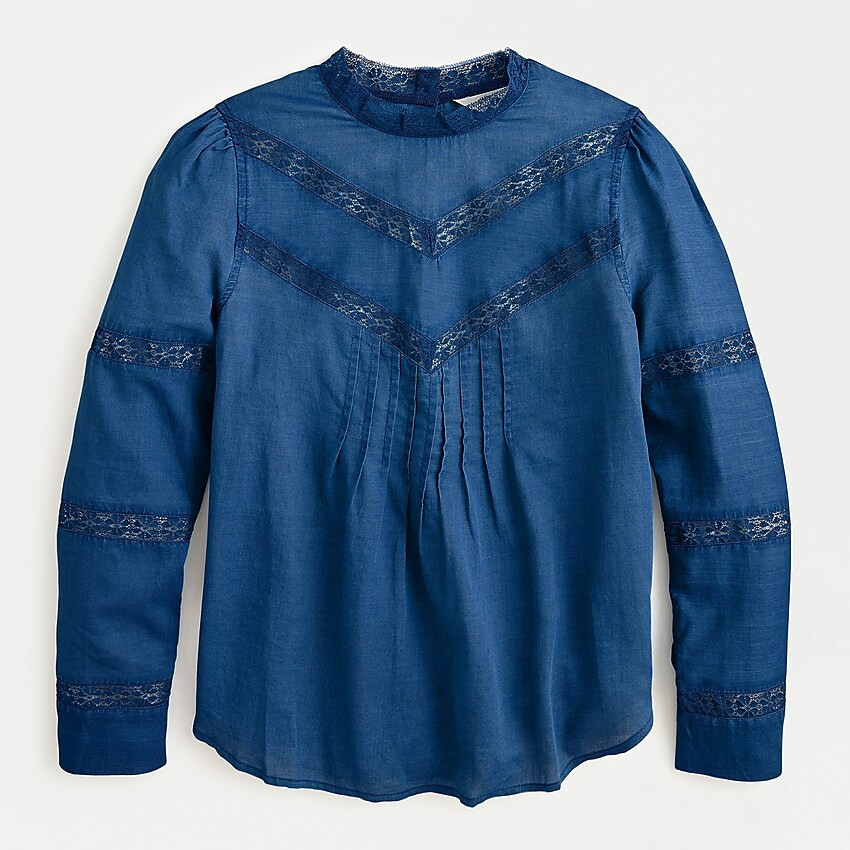 Lace-trim mockneck blouse in indigo voile | J. Crew US