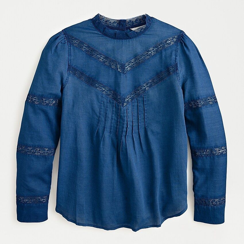Lace-trim mockneck blouse in indigo voile | J.Crew US